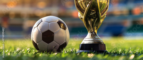 Golden trophy cup with soccer ball on stadium background,  photo