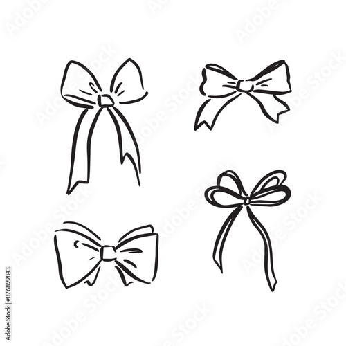 Bows drawn by hand in four unique styles. Ribbon tied bows for weddings or christenings and other events.