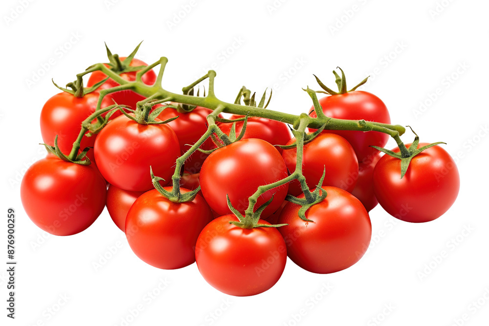 A Vine of Ripe Red Cherry Tomatoes Ready for Harvest. on a White or Clear Surface PNG Transparent Background. A Vine of Ripe Red Cherry Tomatoes Ready for Harvest. on a White or Clear Surface PNG Transparent Background.