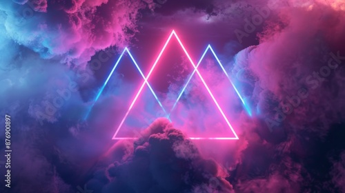 abstract minimal background, pink blue neon light triangular frame with copy space, illuminated stormy clouds, glowing geometric shape