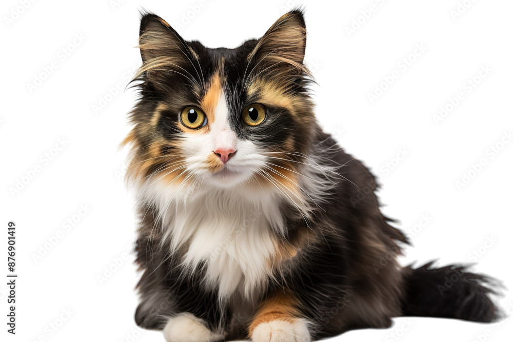 A Calico Cats Curious Gaze Against A White Background. on a White or Clear Surface PNG Transparent Background. A Calico Cats Curious Gaze Against A White Background. on a White or Clear Surface PNG Transparent Background.
