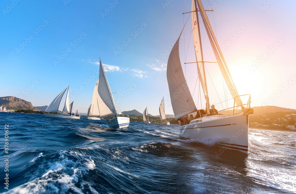 Fototapeta premium Sailing regatta, two yachts with crew, sunset sea race, luxury vacation