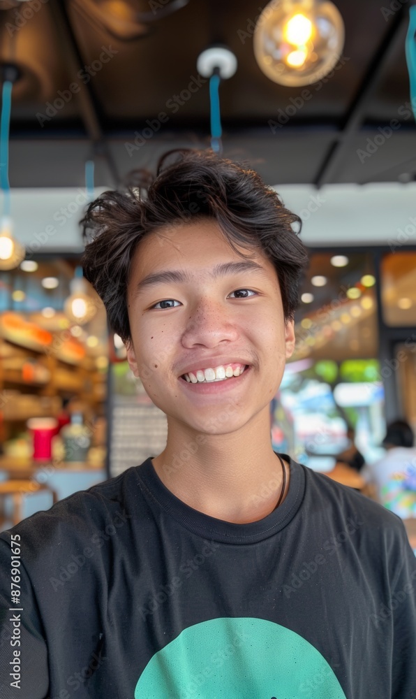 A cheerful young person inside a cafe A cheerful young person inside a cafe
