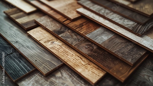 Various wooden flooring samples arranged neatly, demonstrating different textures and colors of assorted wooden floor types.