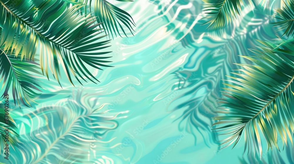 3D rendering of palm leaves shadow on the water surface in a swimming pool with a light blue background 3D rendering of palm leaves shadow on the water surface in a swimming pool with a light blue background