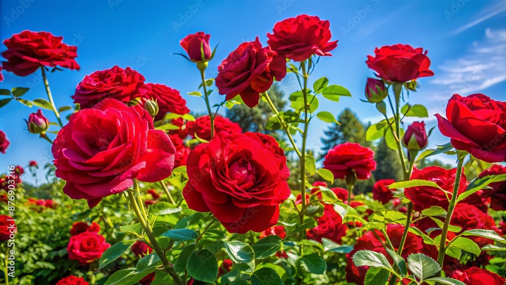 Fototapeta premium A Field Of Red Roses In Full Bloom Against A Clear Blue Sky.