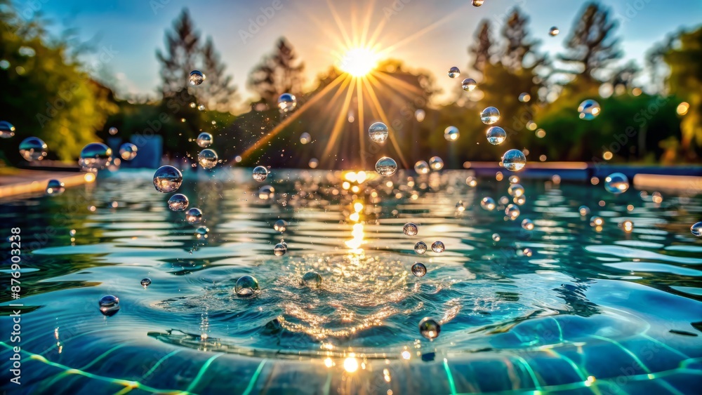 Water Droplets Suspended In Mid-Air Above A Sunlit Swimming Pool. Water Droplets Suspended In Mid-Air Above A Sunlit Swimming Pool.