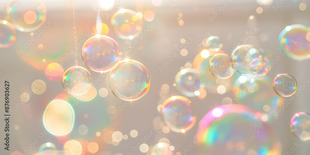 Soap bubbles with rainbow reflections on beige background. Abstract background. Cleaning concept, banner for eco-friendly article or for cleaning service. Soap bubbles with rainbow reflections on beige background. Abstract background. Cleaning concept, banner for eco-friendly article or for cleaning service.