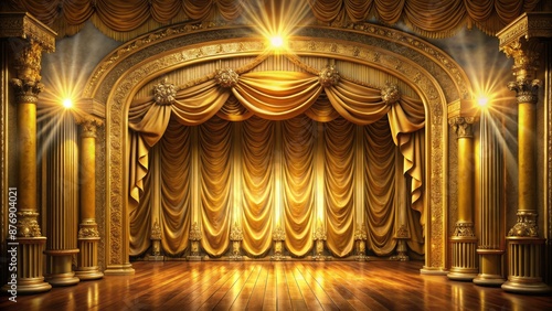 A Spotlight Shines On An Empty Stage With A Golden Curtain. photo