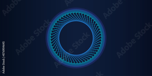 Abstract glowing circle line pattern spin blue green light isolated on dark background. Futuristic technology design template in concept of music, digital, science, AI