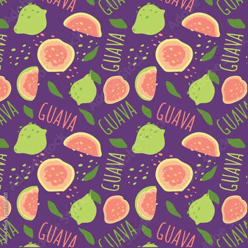 Abstract guava pattern in flat style. Fresh, delicious fruit seamless pattern. Vector background. Summer freshness for health. For background, juice, ice cream or packaging.