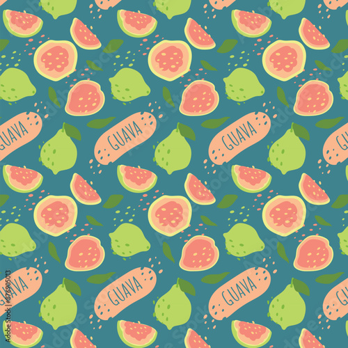 Abstract guava pattern in flat style. Fresh, delicious fruit seamless pattern. Vector background. Summer freshness for health. For background, juice, ice cream or packaging.