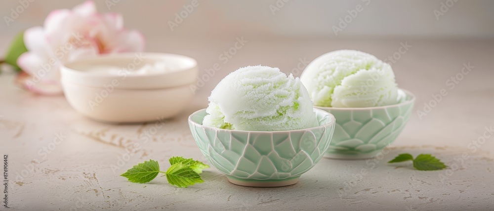 Delicious scoops of mint ice cream served in ceramic bowls with fresh mint leaves, perfect for a refreshing summer treat. Delicious scoops of mint ice cream served in ceramic bowls with fresh mint leaves, perfect for a refreshing summer treat.