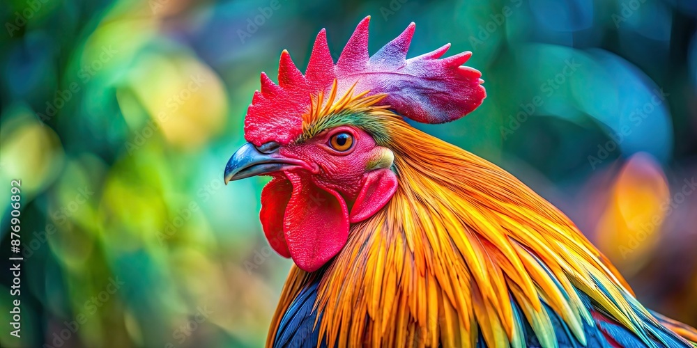 Close up of a colorful rooster with vibrant feathers, feathers, farm animal, poultry, rooster, beak, comb, wings, tail Close up of a colorful rooster with vibrant feathers, feathers, farm animal, poultry, rooster, beak, comb, wings, tail