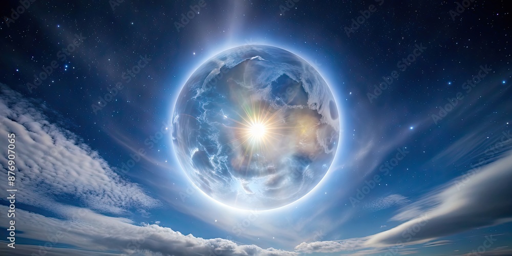 Fototapeta premium Moon halo shining brightly in the night sky with a ring of light surrounding it, moon, halo, night, sky, light, bright