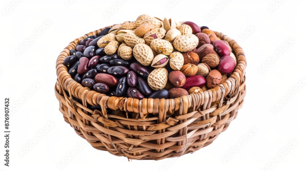 Assorted beans and peanuts in a small wicker on white background. Assorted beans and peanuts in a small wicker on white background.