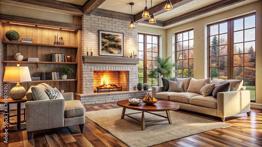 Interior of a cozy living room with a fireplace and comfortable seating, home, cozy, living room Interior of a cozy living room with a fireplace and comfortable seating, home, cozy, living room