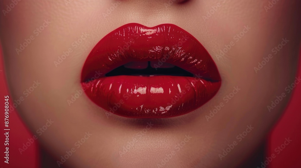 Fototapeta premium Red lipstick on woman s lips on a skin colored background