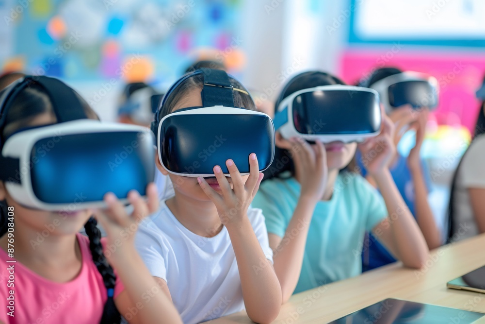 Magazine Photography style, vibrant and colorful classroom, students using VR headsets and tablets, teacher guiding them, modern educational technology, collaboration and teamwork, preparing for Magazine Photography style, vibrant and colorful classroom, students using VR headsets and tablets, teacher guiding them, modern educational technology, collaboration and teamwork, preparing for