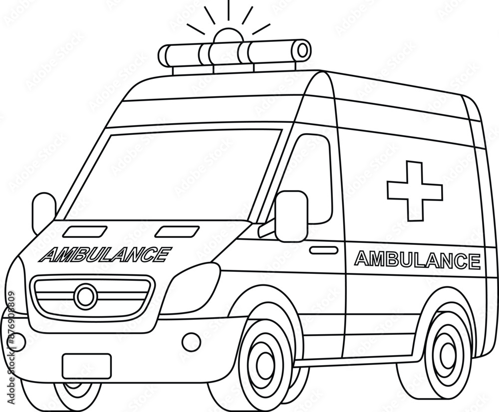 Ambulance car, emergency transportation outline coloring page for kids. Cute hospital vehicle clip art