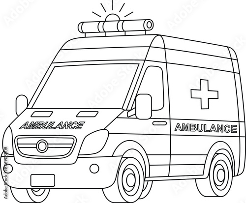 Obraz na płótnie Ambulance car, emergency transportation outline coloring page for kids. Cute hospital vehicle clip art w salonie