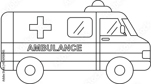Ambulance car, emergency transportation outline coloring page for kids. Cute hospital vehicle clip art