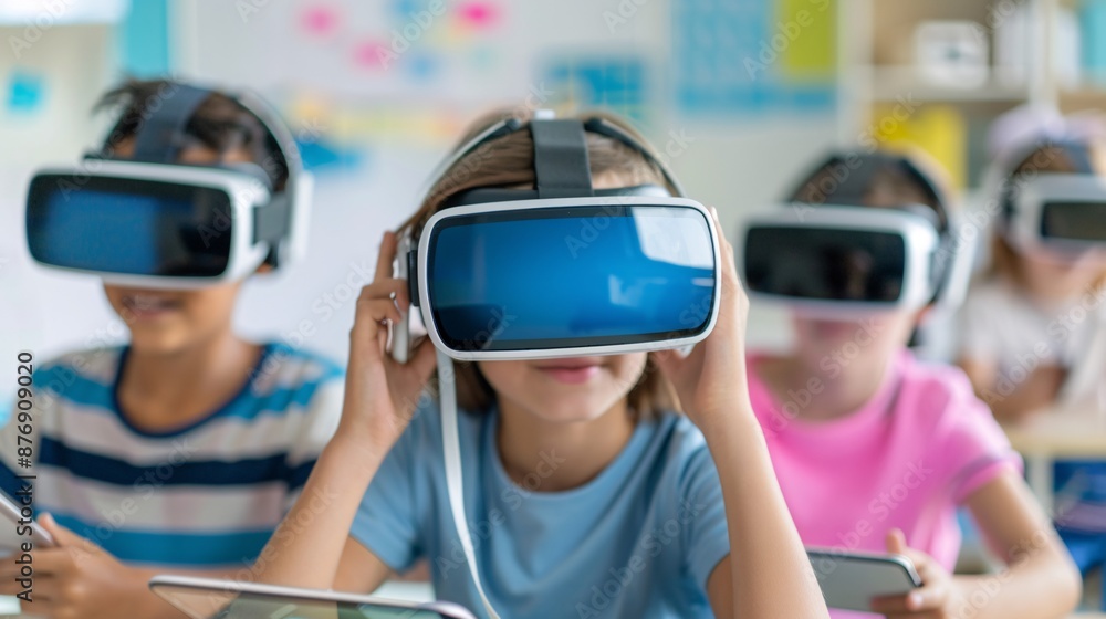 Magazine Photography style, vibrant and colorful classroom, students using VR headsets and tablets, teacher guiding them, modern educational technology, collaboration and teamwork, preparing for Magazine Photography style, vibrant and colorful classroom, students using VR headsets and tablets, teacher guiding them, modern educational technology, collaboration and teamwork, preparing for