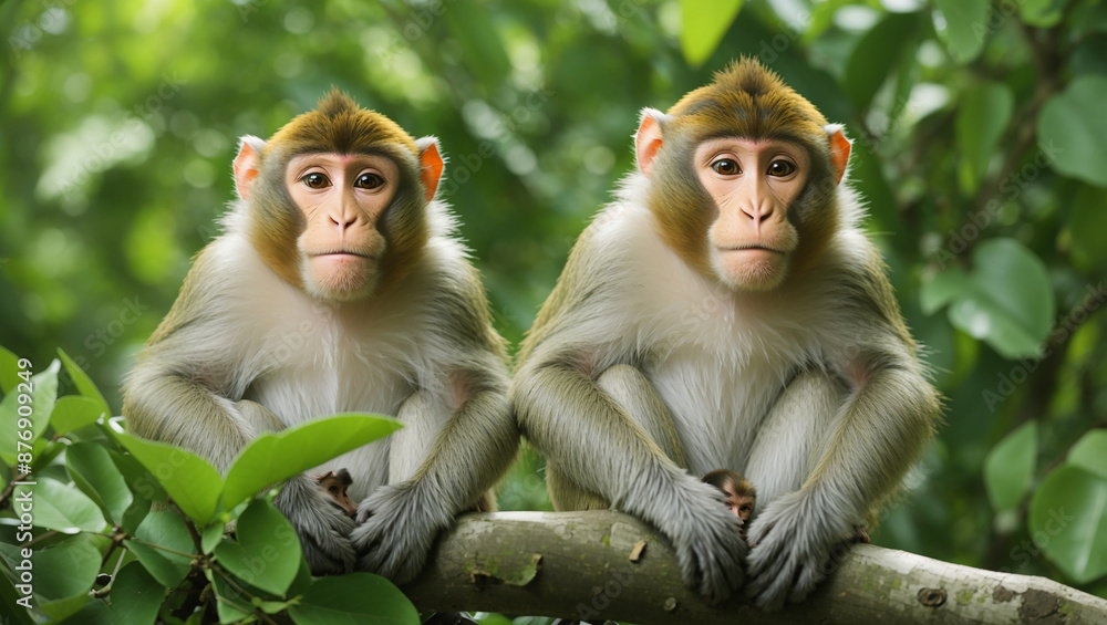 three monkeys sitting in a tree, looking directly at the viewer. They are all brown and grey with some green leaves around them. three monkeys sitting in a tree, looking directly at the viewer. They are all brown and grey with some green leaves around them.