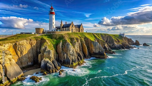 Fototapeta Naklejka Na Ścianę i Meble -  Scenic view of Pointe Saint-Mathieu in Brittany with lighthouse and cliffs, coastline, France, landscape