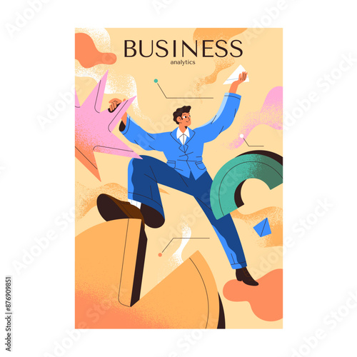 Professional analyst researches business metrics poster. Researcher analysis statistics, measure kpi. Concept of accounting financial data, audit of marketing, management. Flat vector illustration