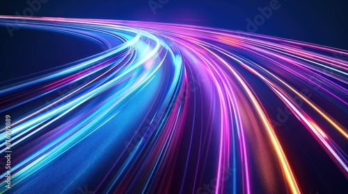 Abstract Neon Light Trails on a Curved Road