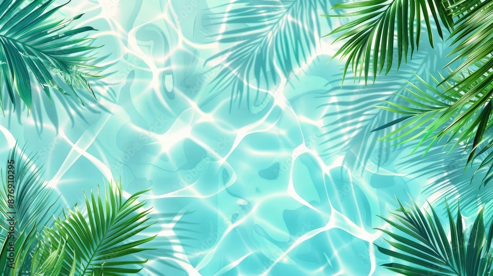 3D rendering of palm leaves shadow on the water surface in a swimming pool with a light blue background 3D rendering of palm leaves shadow on the water surface in a swimming pool with a light blue background