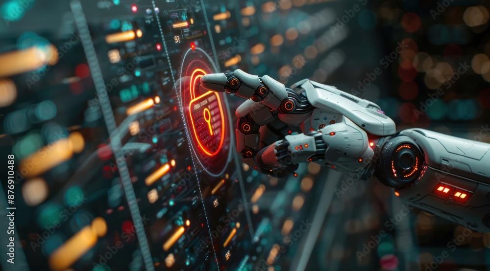 Fototapeta premium Cybersecurity: Robot Hand Interacting with Digital Lock