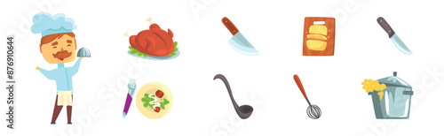 Chef Cooking Different Object and Item Vector Set