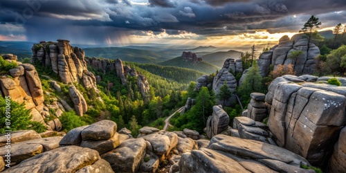 A dramatic mountain landscape featuring rocky cliffs, lush green forests, and a dynamic sky, creating a breathtaking and adventurous scene.
