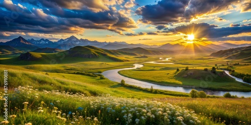 A stunning golden sunset illuminates a winding river through lush green fields and distant mountains, 
