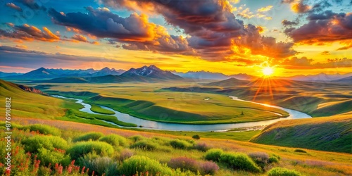 A breathtaking sunset over a winding river valley with lush green hills and distant mountains, creating a serene and picturesque scene.
