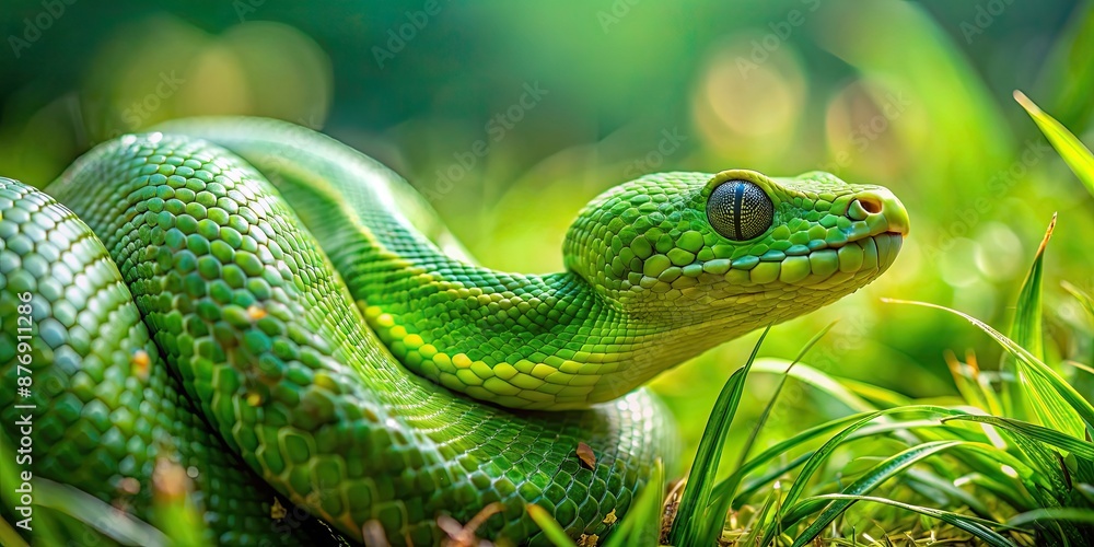 Obraz premium A close-up image of a vibrant green snake coiled in the grass, reptile, slithering, scales, wildlife, nature