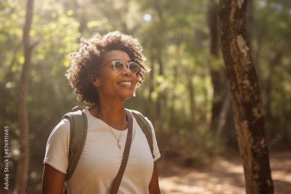 African American middle age woman walking glasses travel. African American middle age woman walking glasses travel.