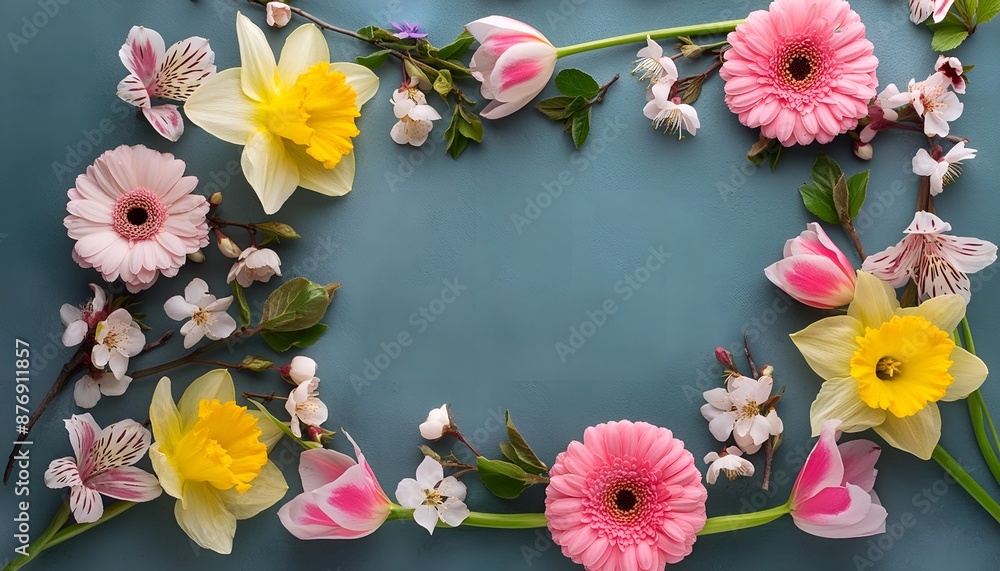 spring flowers frame with dark green background spring flowers frame with dark green background
