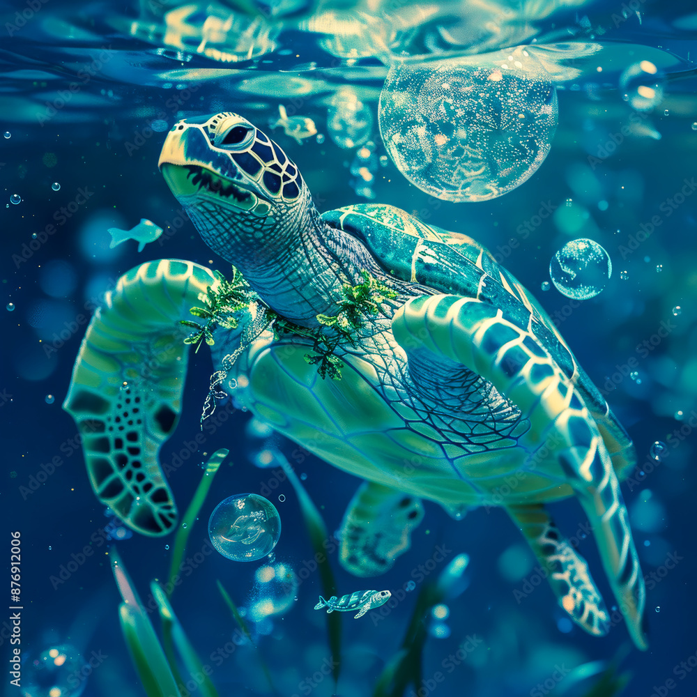 Obraz premium Giant Sea Turtle. Generated image. A digital illustration of a painting of a giant sea turtle in the ocean with sea plants and bubbles.