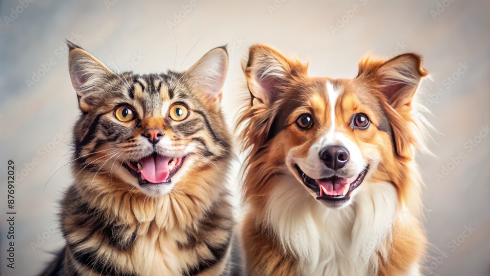 A Cat And A Dog Are Sitting Side By Side, Looking At The Camera With Happy Expressions On Their Faces. A Cat And A Dog Are Sitting Side By Side, Looking At The Camera With Happy Expressions On Their Faces.
