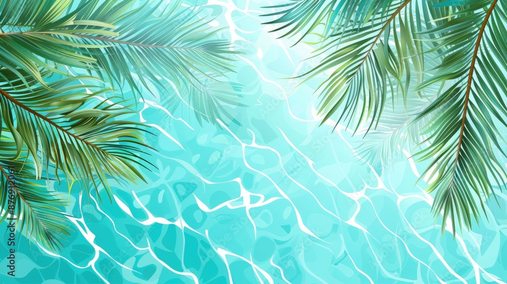 3D rendering of palm leaves shadow on the water surface in a swimming pool with a light blue background