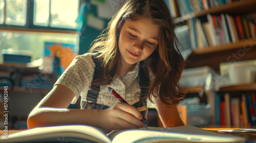 A teenage girl is doing her school homework. The student is writing something in a notebook. She smiles and seems to be enjoying what is happening
