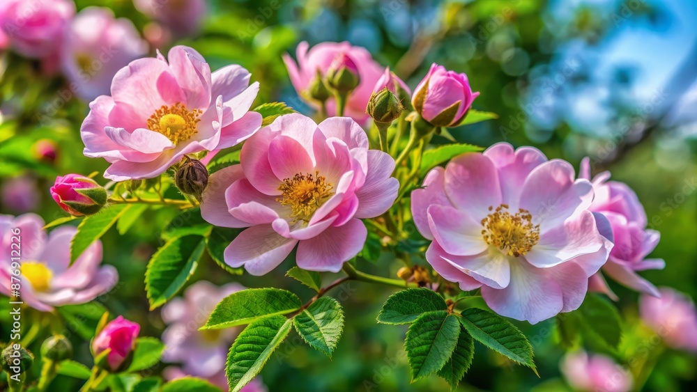 Light Pink Wild Roses In Full Bloom With Green Leaves And Buds On A Sunny Day