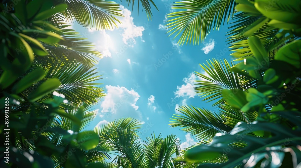 A sunny tropical background with palm trees and a blue sky. A view from below A sunny tropical background with palm trees and a blue sky. A view from below