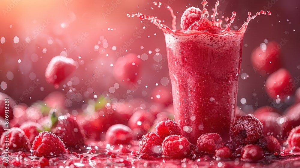 A refreshing raspberry smoothie splashes out of a glass amidst a collection of fresh raspberries, capturing the vivid color and tangy essence of the fruit in a dynamic scene. A refreshing raspberry smoothie splashes out of a glass amidst a collection of fresh raspberries, capturing the vivid color and tangy essence of the fruit in a dynamic scene.