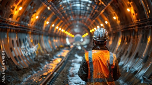 A worker in reflective gear and a helmet inspects the progress of a tunnel construction project, highlighting the modern infrastructure development and safety measures.