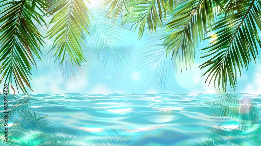 3D rendering of palm leaves shadow on the water surface in a swimming pool with a light blue background 3D rendering of palm leaves shadow on the water surface in a swimming pool with a light blue background