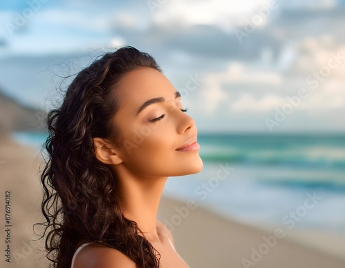 Close-up of the three-quarter face of a young woman smiling with her eyes closed on the seashore. 